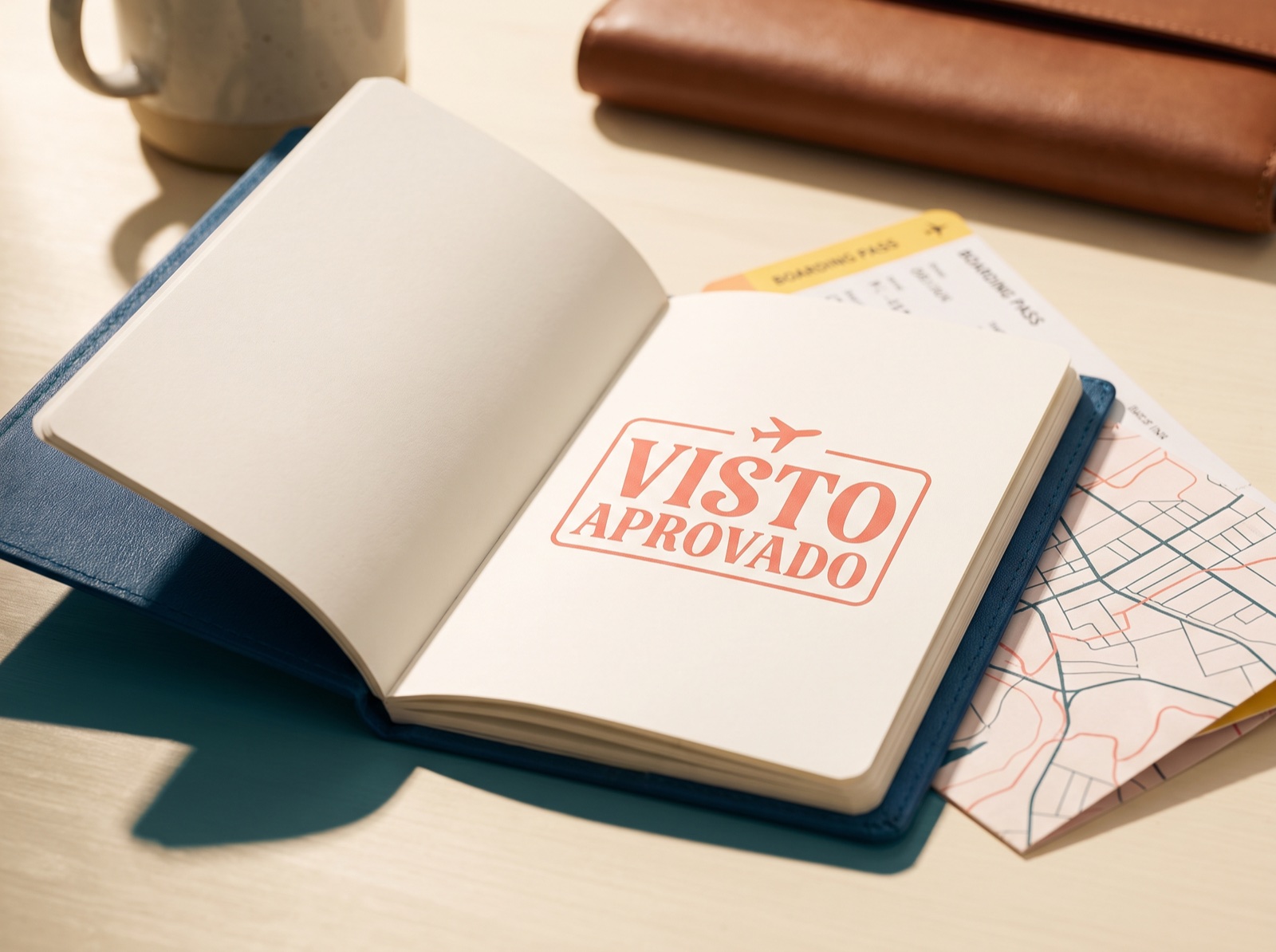 Composição ilustrativa de um passaporte aberto com carimbo escrito Visto Aprovado